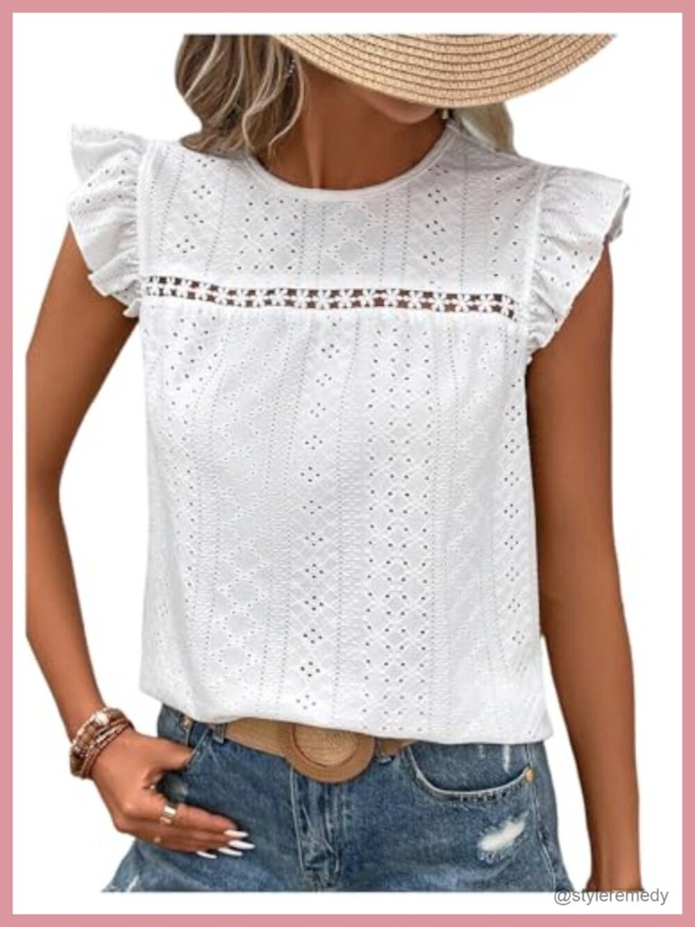 Floerns Women's Boho Eyelet Embroidery Ruffle Cap Sleeve T Shirt
